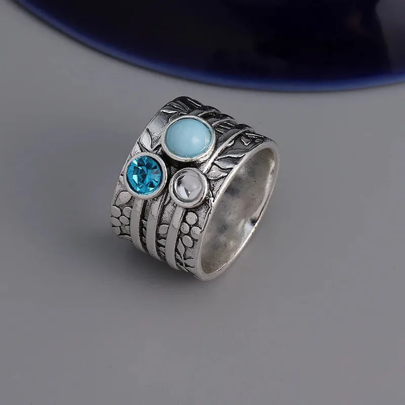 Vintage Natural Stone Rings, Leaf embossed Ring, Boho Jewelry, Natural Stone Ring