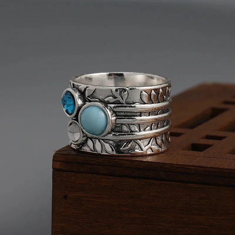 Vintage Natural Stone Rings, Leaf embossed Ring, Boho Jewelry, Natural Stone Ring