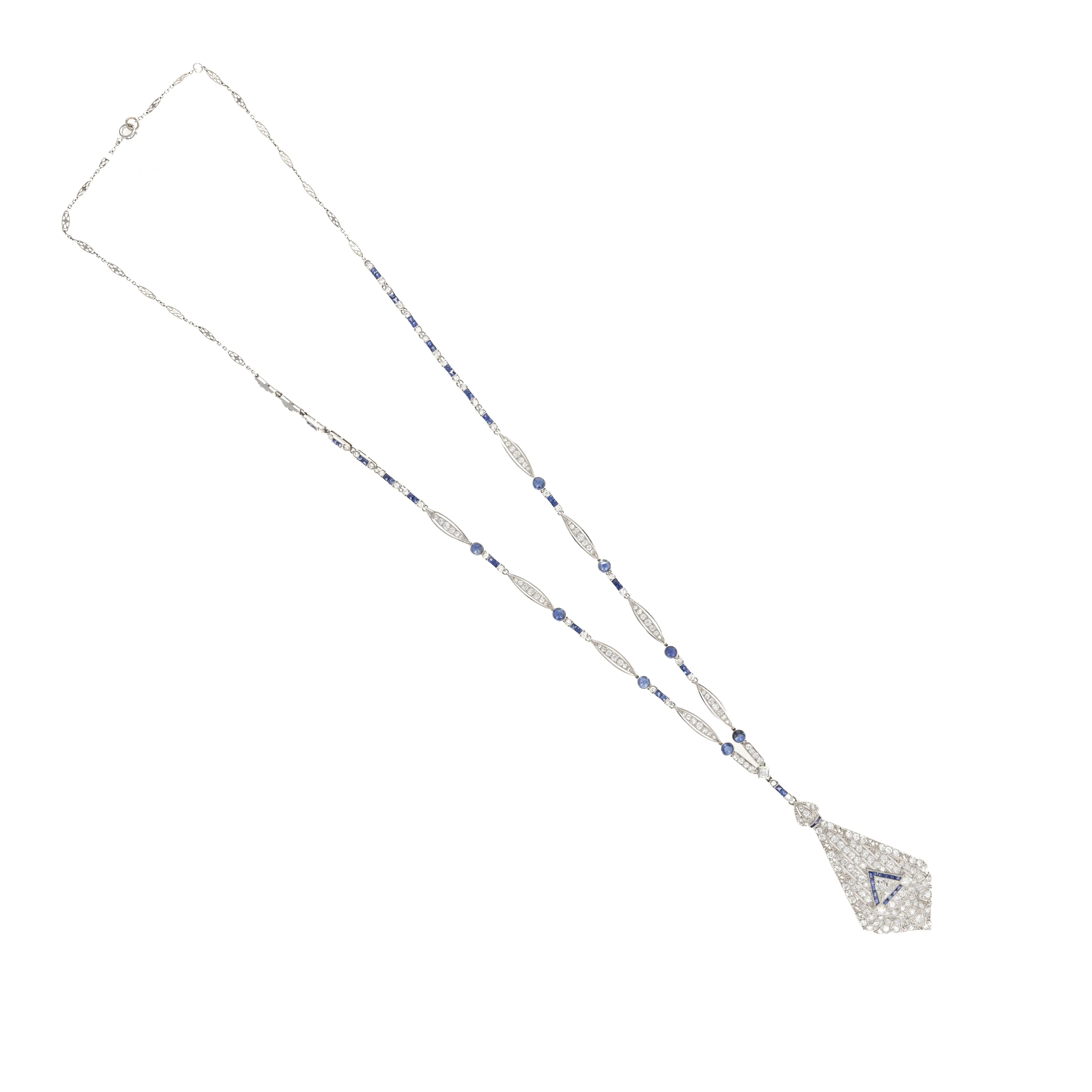 Vintage Platinum Art Deco Sapphire and Diamond Pendant Necklace