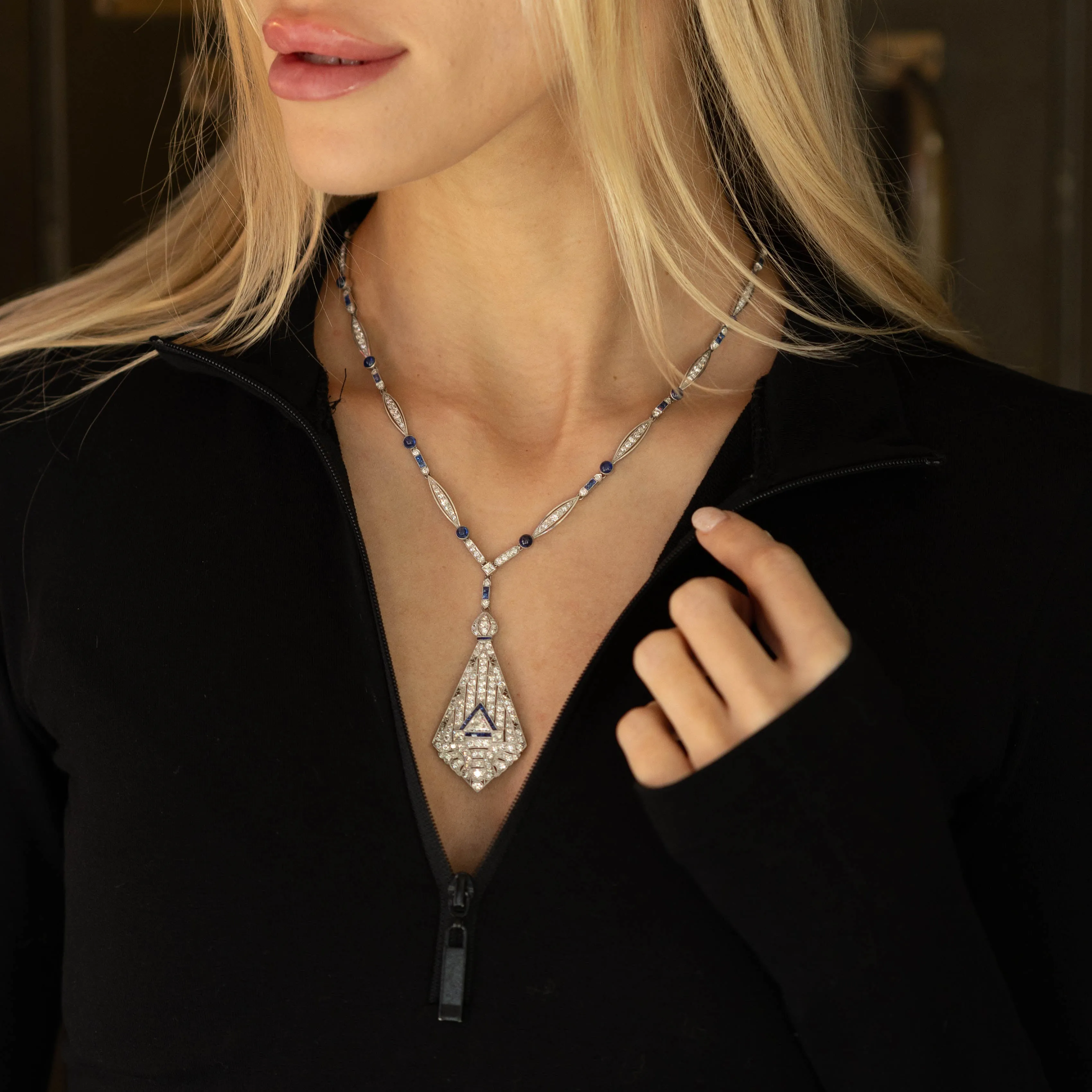 Vintage Platinum Art Deco Sapphire and Diamond Pendant Necklace