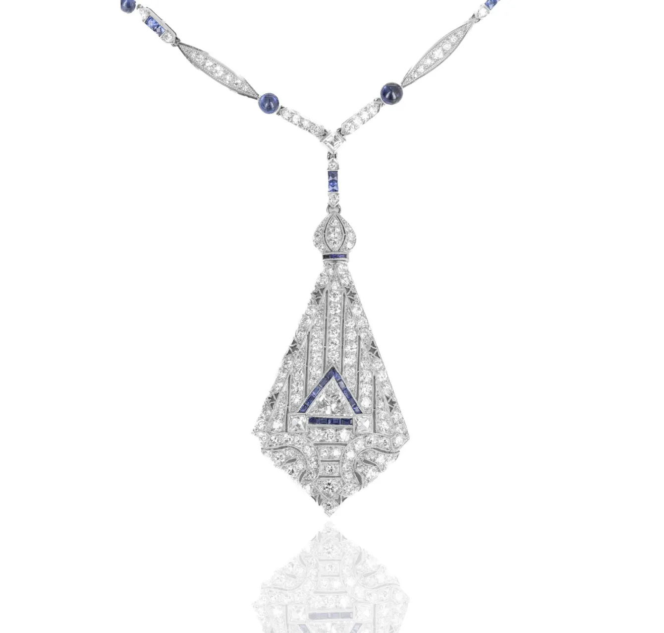 Vintage Platinum Art Deco Sapphire and Diamond Pendant Necklace