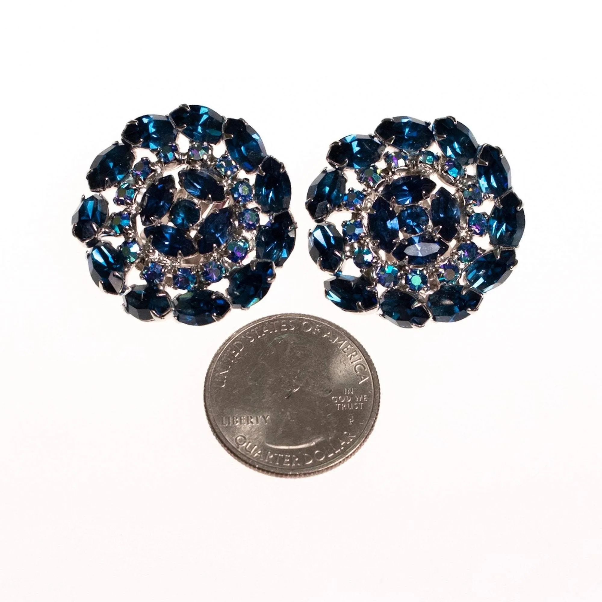 Vintage Sapphire Blue and Aurora Borealis Rhinestone Medallion Earrings