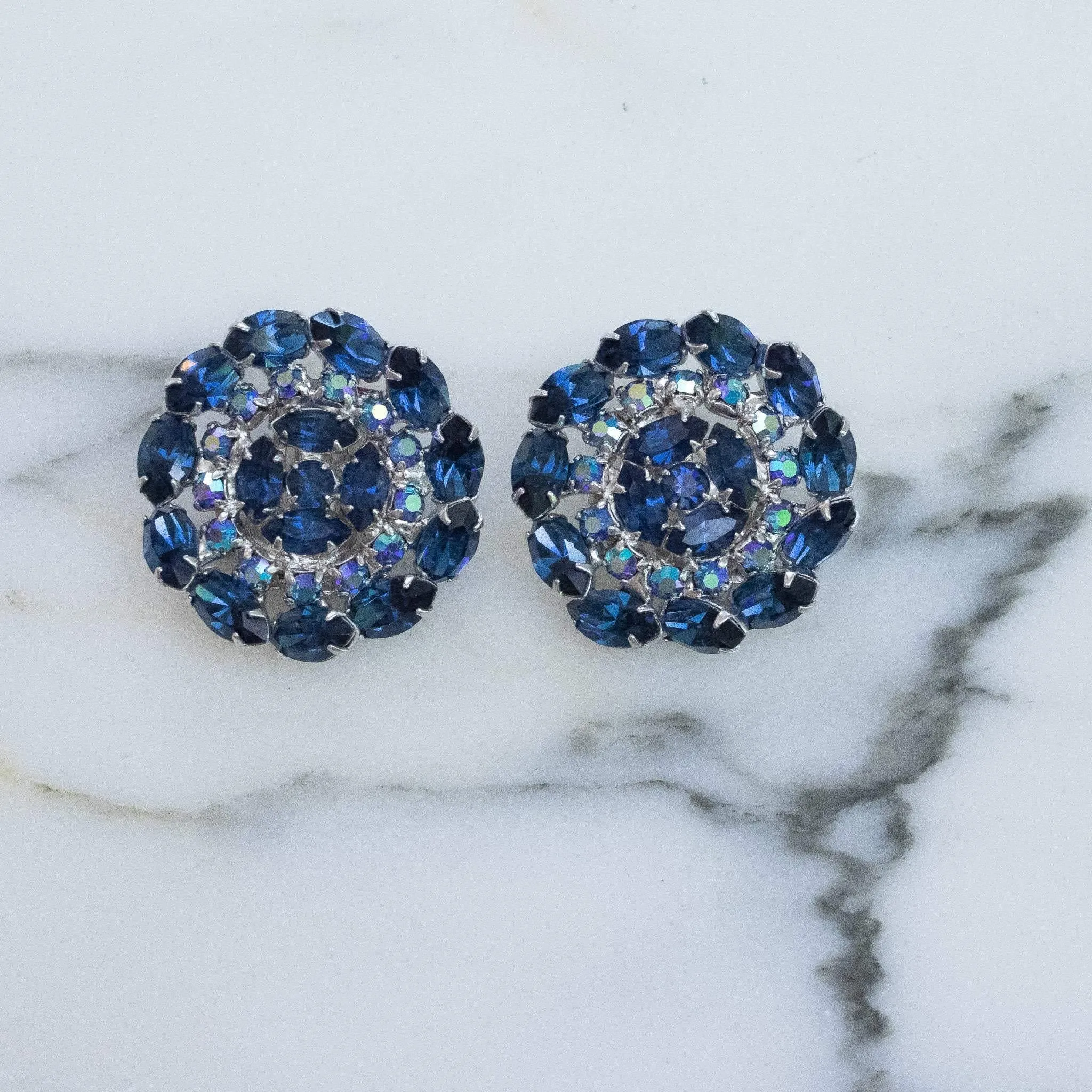 Vintage Sapphire Blue and Aurora Borealis Rhinestone Medallion Earrings