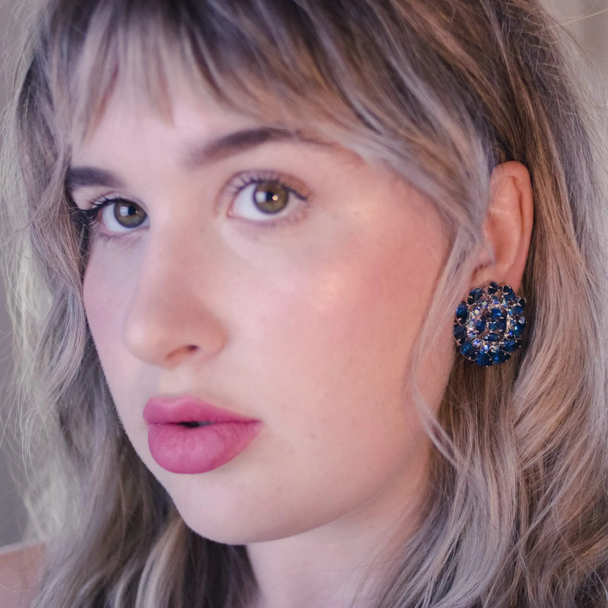 Vintage Sapphire Blue and Aurora Borealis Rhinestone Medallion Earrings