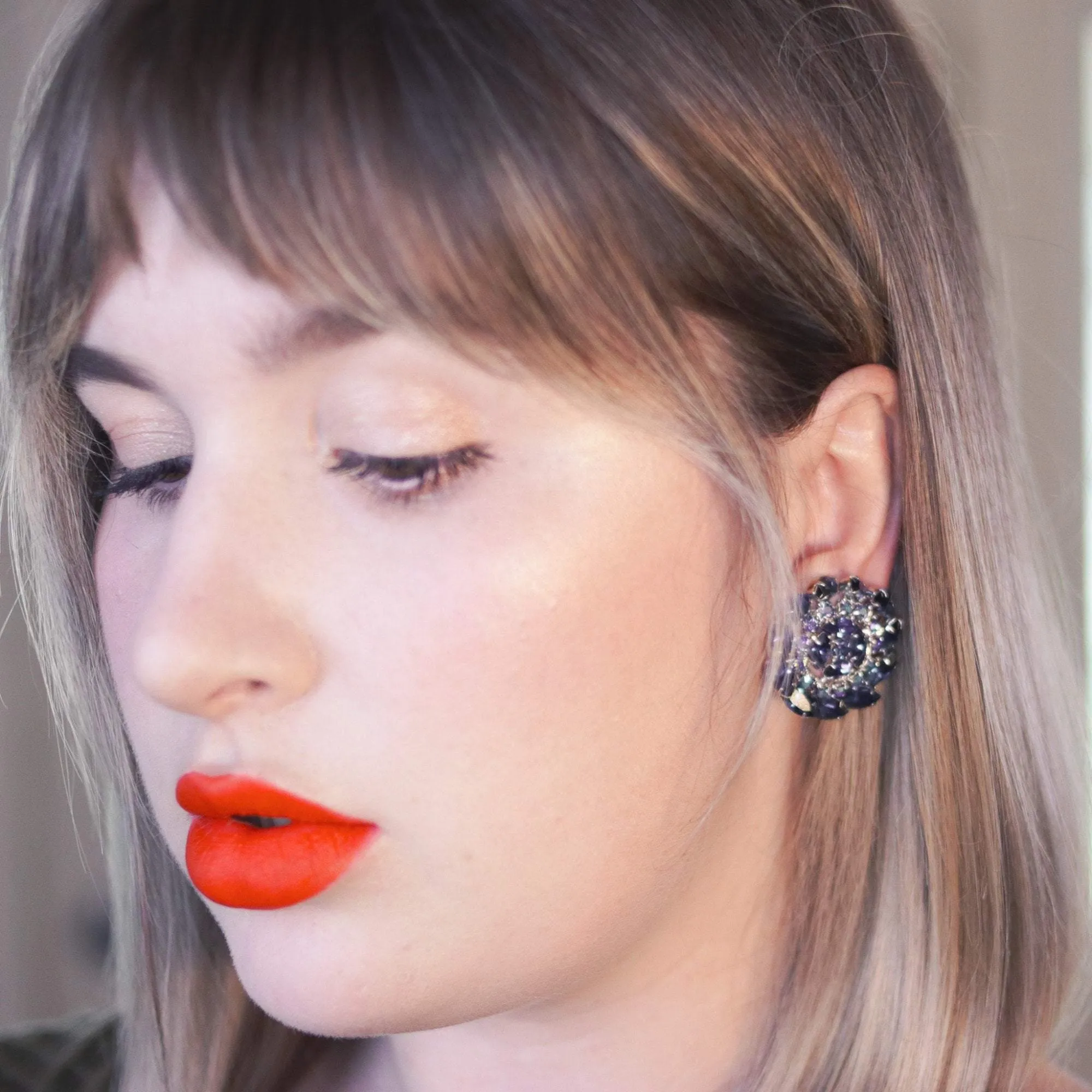 Vintage Sapphire Blue and Aurora Borealis Rhinestone Medallion Earrings