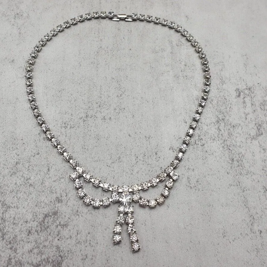 Vintage - Silver Tone Rhinestone Bow Necklace