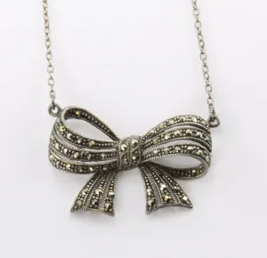 Vintage Sterling Silver & Marcasite Bow Ribbon Necklace