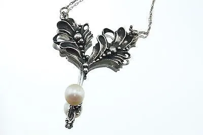 Vintage Sterling Silver Art Nouveau Jugendstil Pearl Designer Necklace Signed
