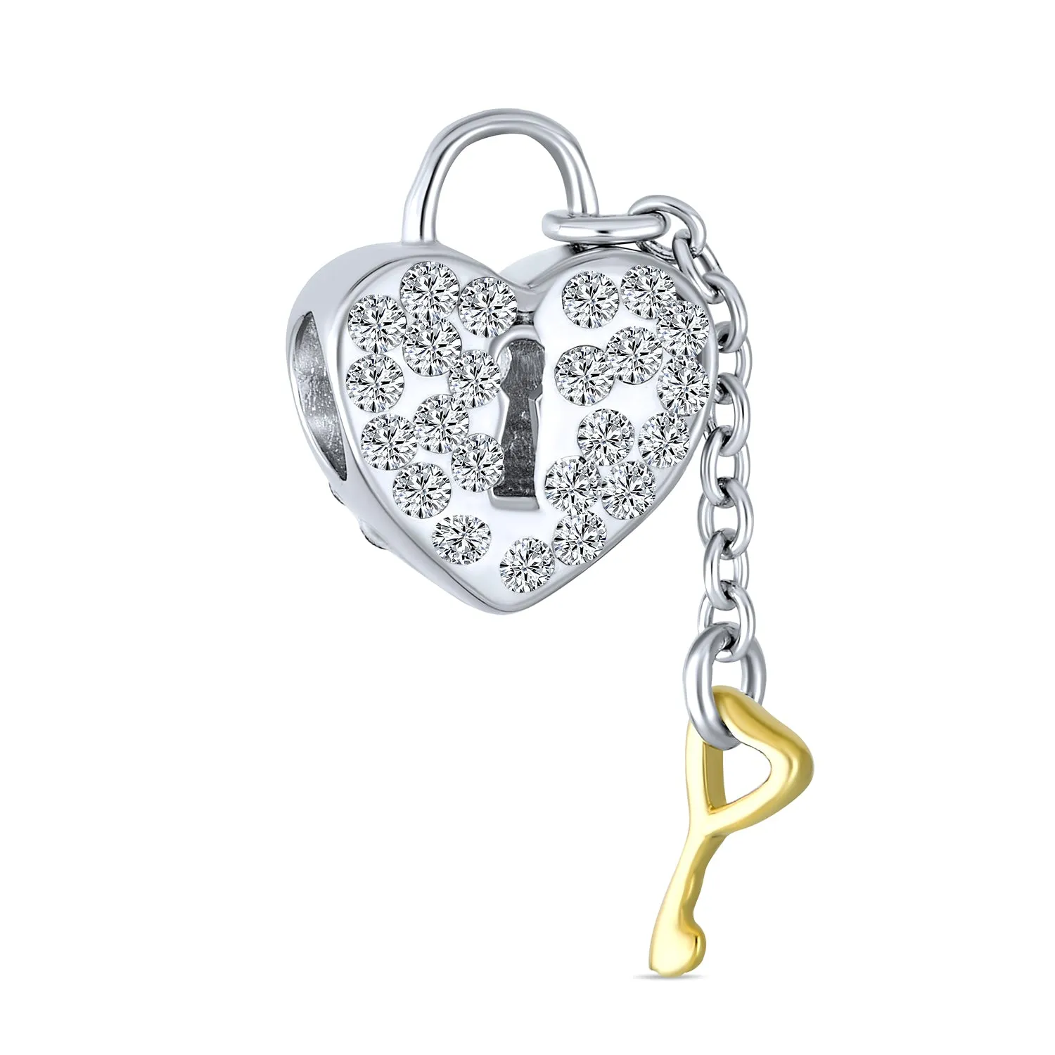 Vintage Two Tone Heart Lock & Key Charm Bead 14K Gold Plated Sterling Silver