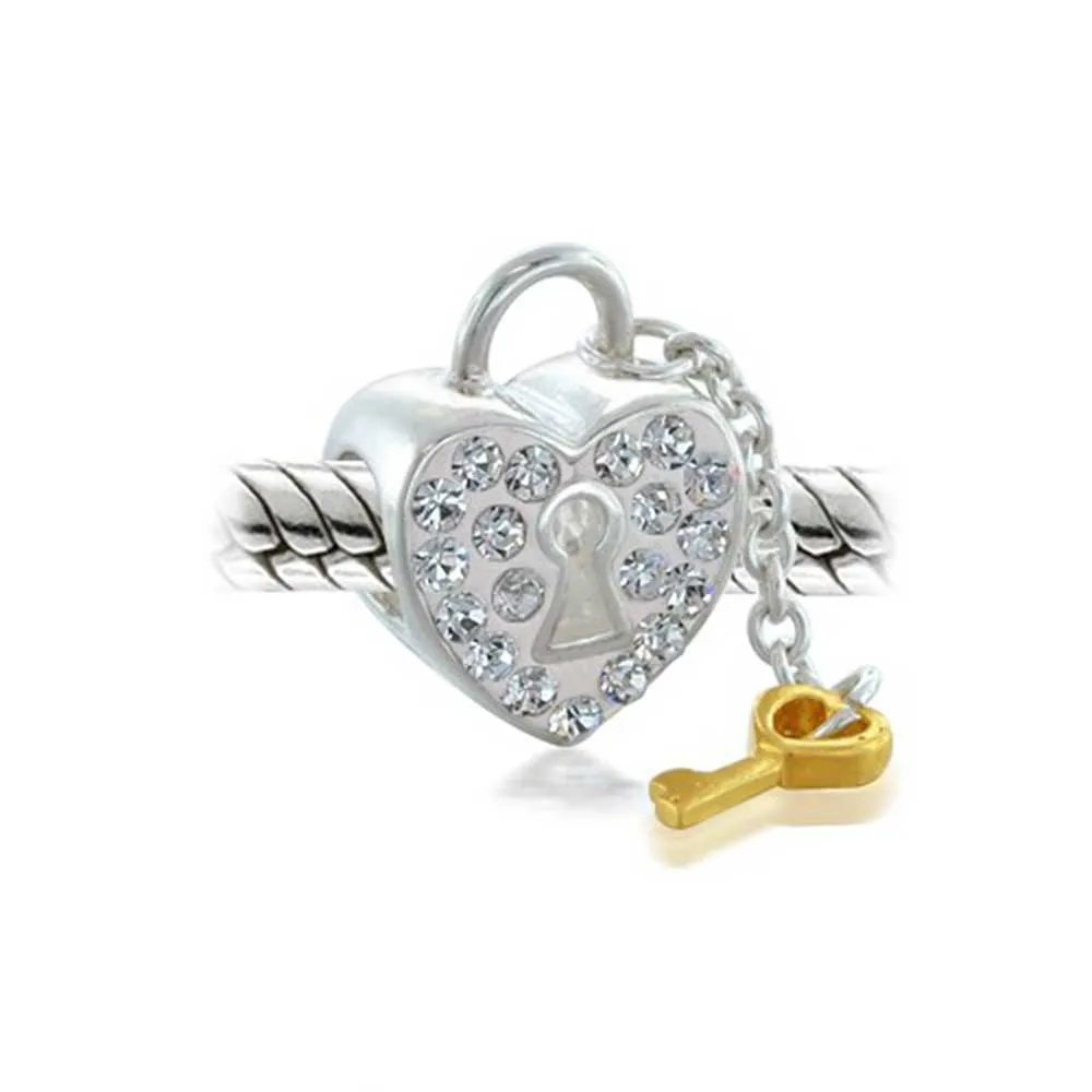 Vintage Two Tone Heart Lock & Key Charm Bead 14K Gold Plated Sterling Silver