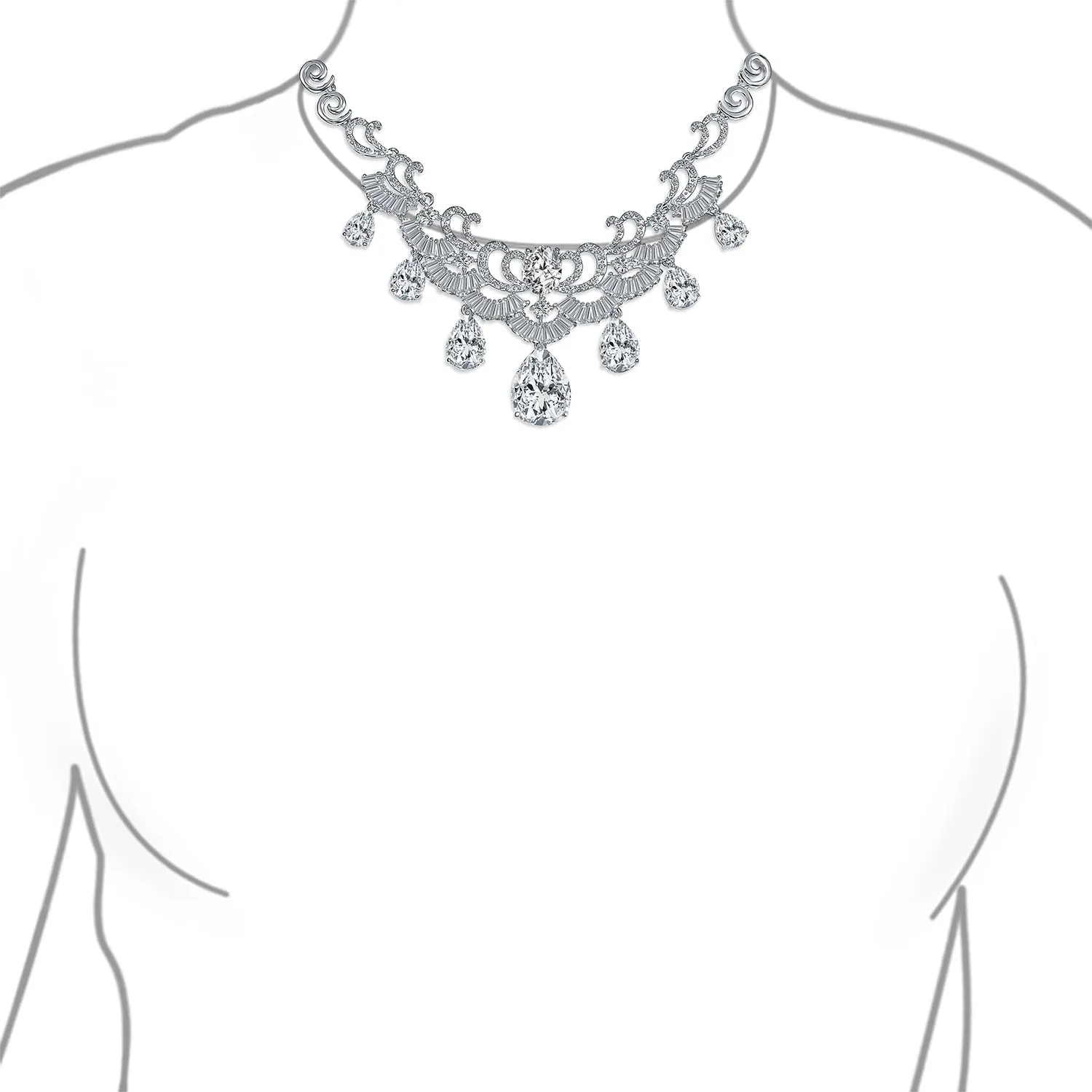 Vintage Women Art Deco Collar Necklace with CZ Sapphire CZ Ruby CZ Emerald