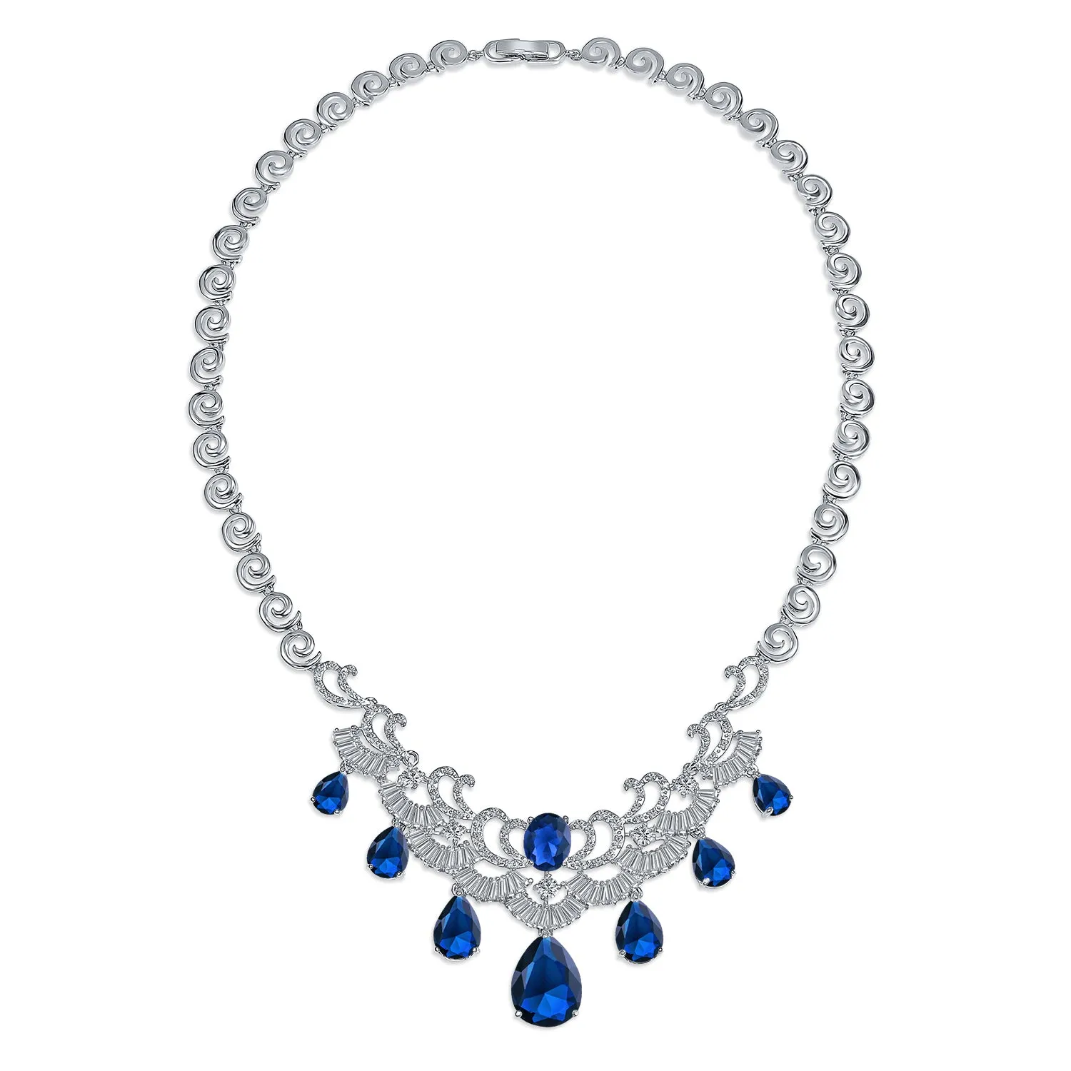 Vintage Women Art Deco Collar Necklace with CZ Sapphire CZ Ruby CZ Emerald