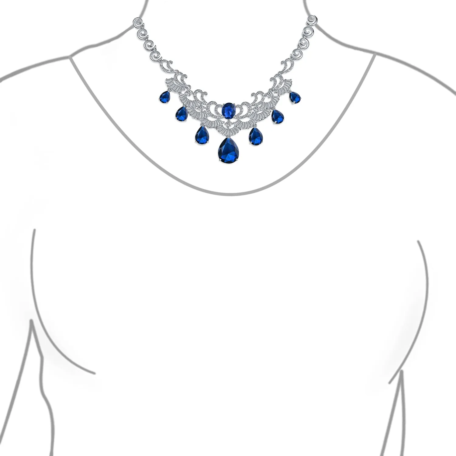 Vintage Women Art Deco Collar Necklace with CZ Sapphire CZ Ruby CZ Emerald