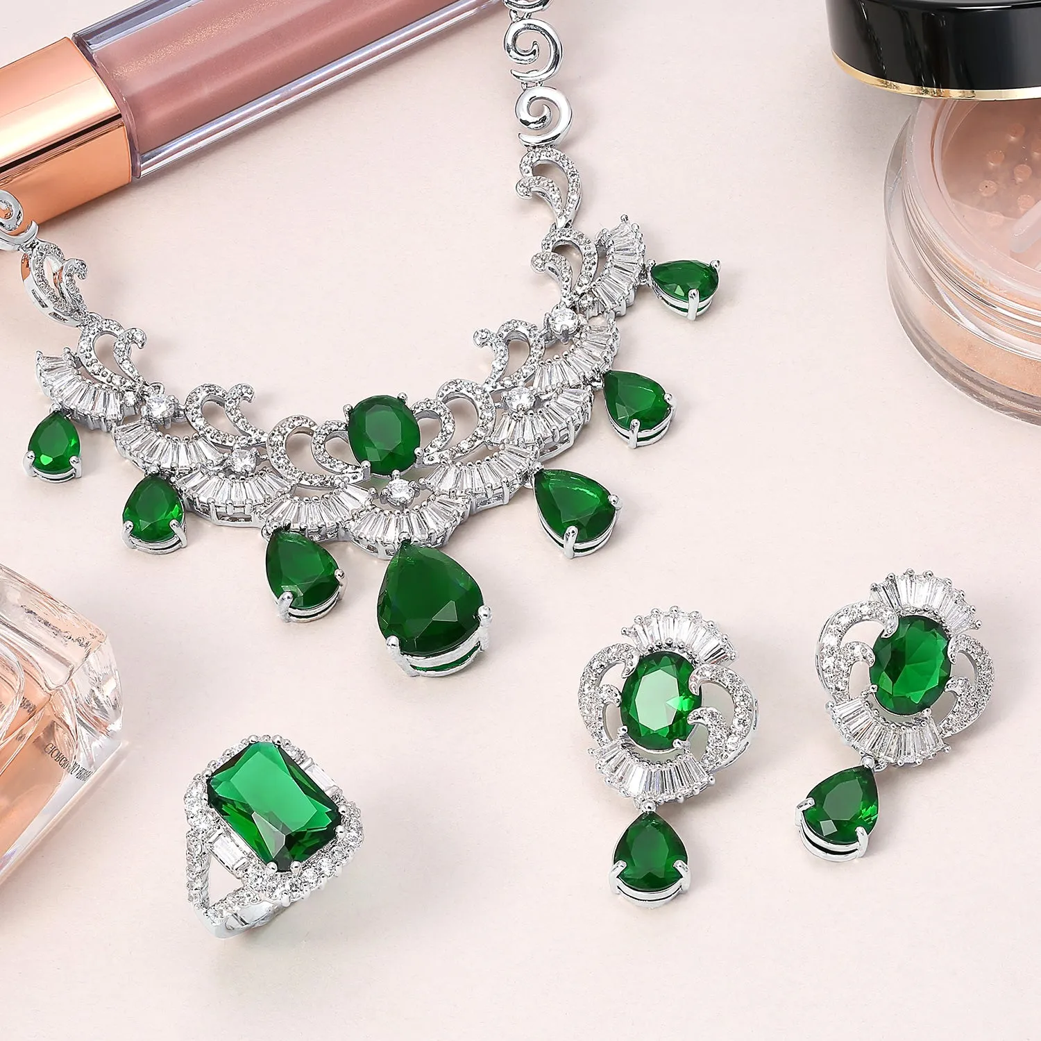 Vintage Women Art Deco Collar Necklace with CZ Sapphire CZ Ruby CZ Emerald