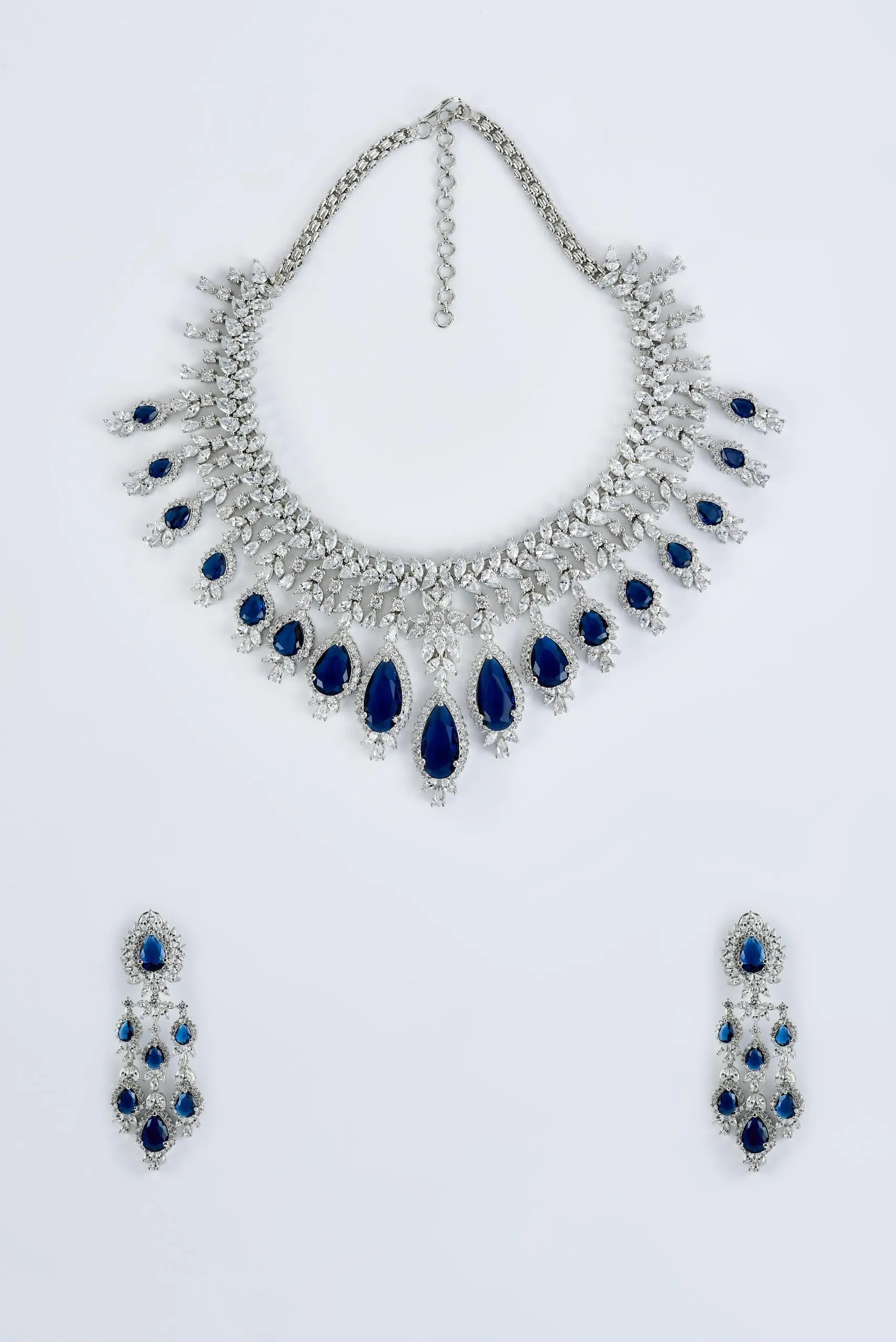 vivinia BY VIDHI MEHRA Zia Silver Plated Blue Womens Zircon Short Necklace Set with Pair of Dangler Earrings & Maangtikka (Freesize)