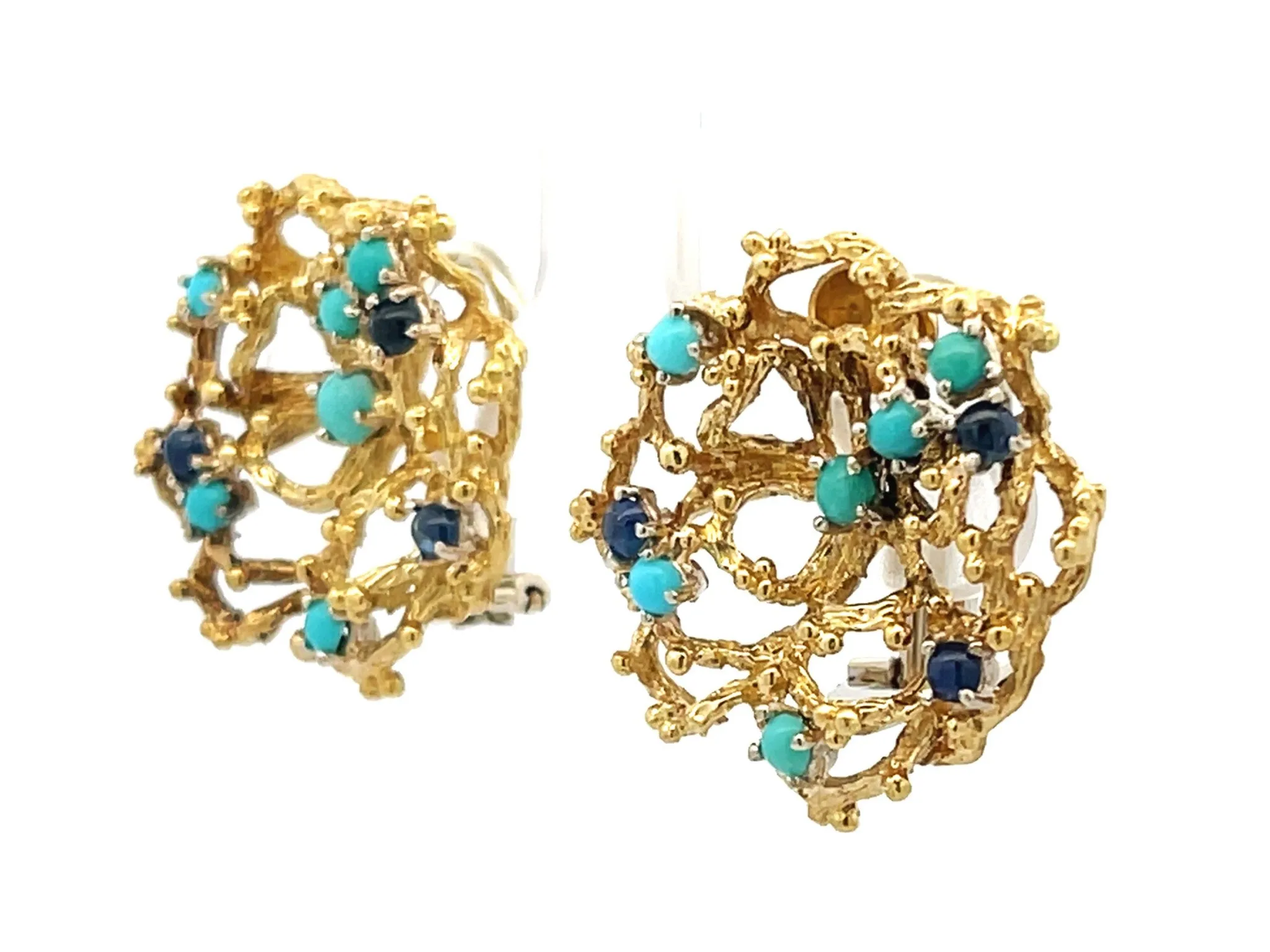 Wavy Flower Earrings with Cabochon Sapphires and Turquoises in 18K Yellow Gold