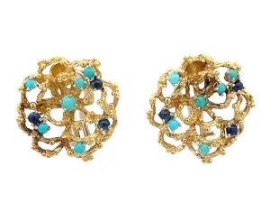 Wavy Flower Earrings with Cabochon Sapphires and Turquoises in 18K Yellow Gold