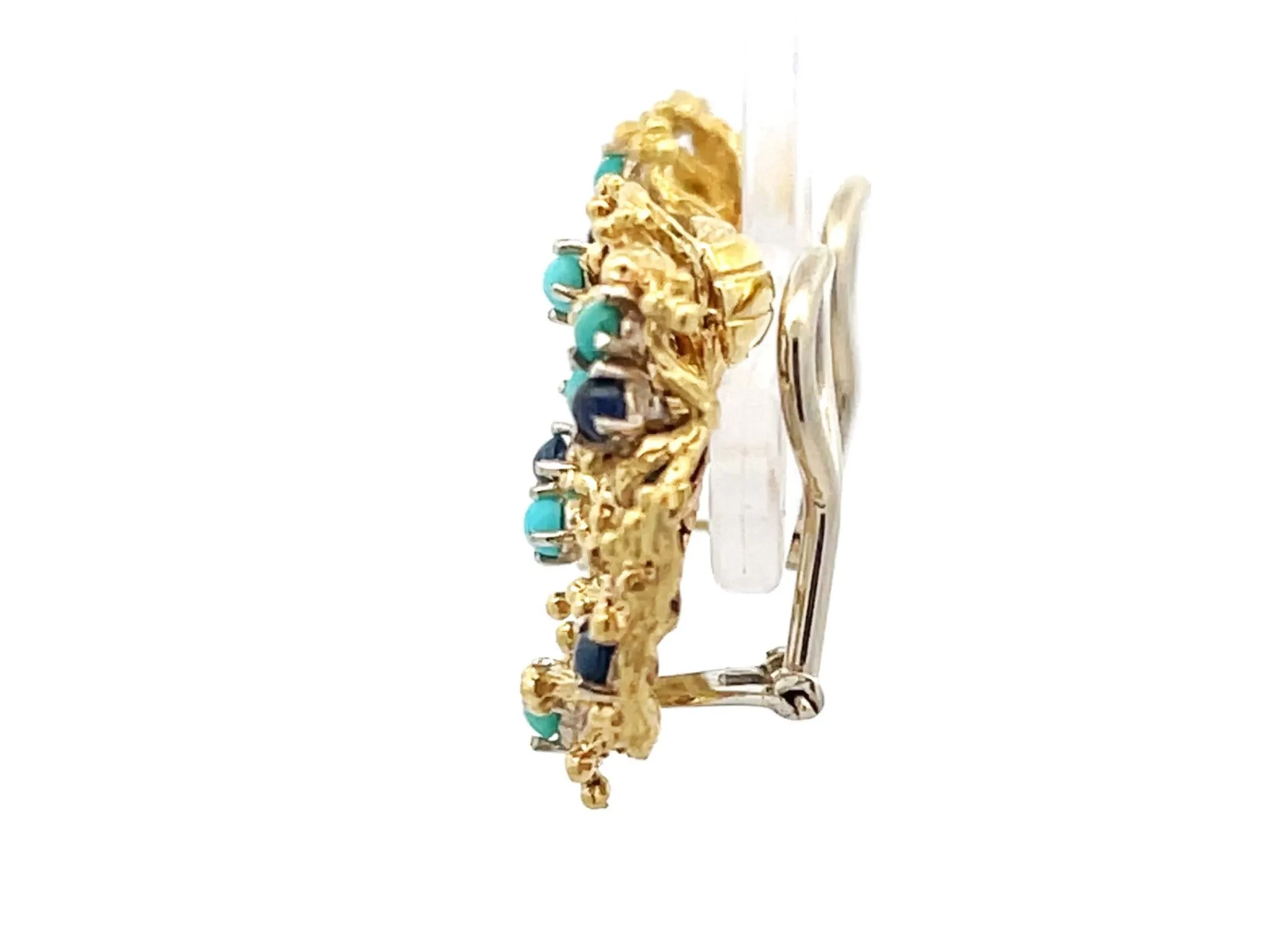 Wavy Flower Earrings with Cabochon Sapphires and Turquoises in 18K Yellow Gold