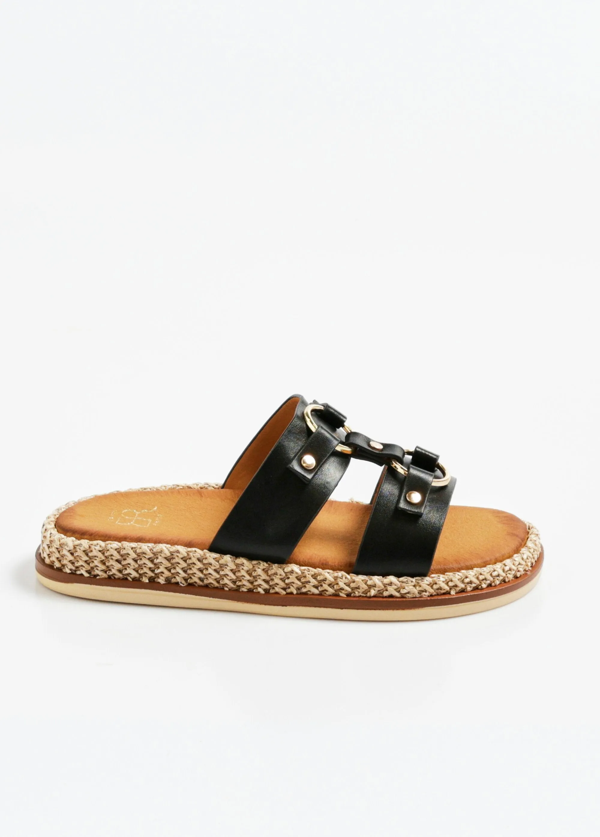 Wedge mules with straps and rings