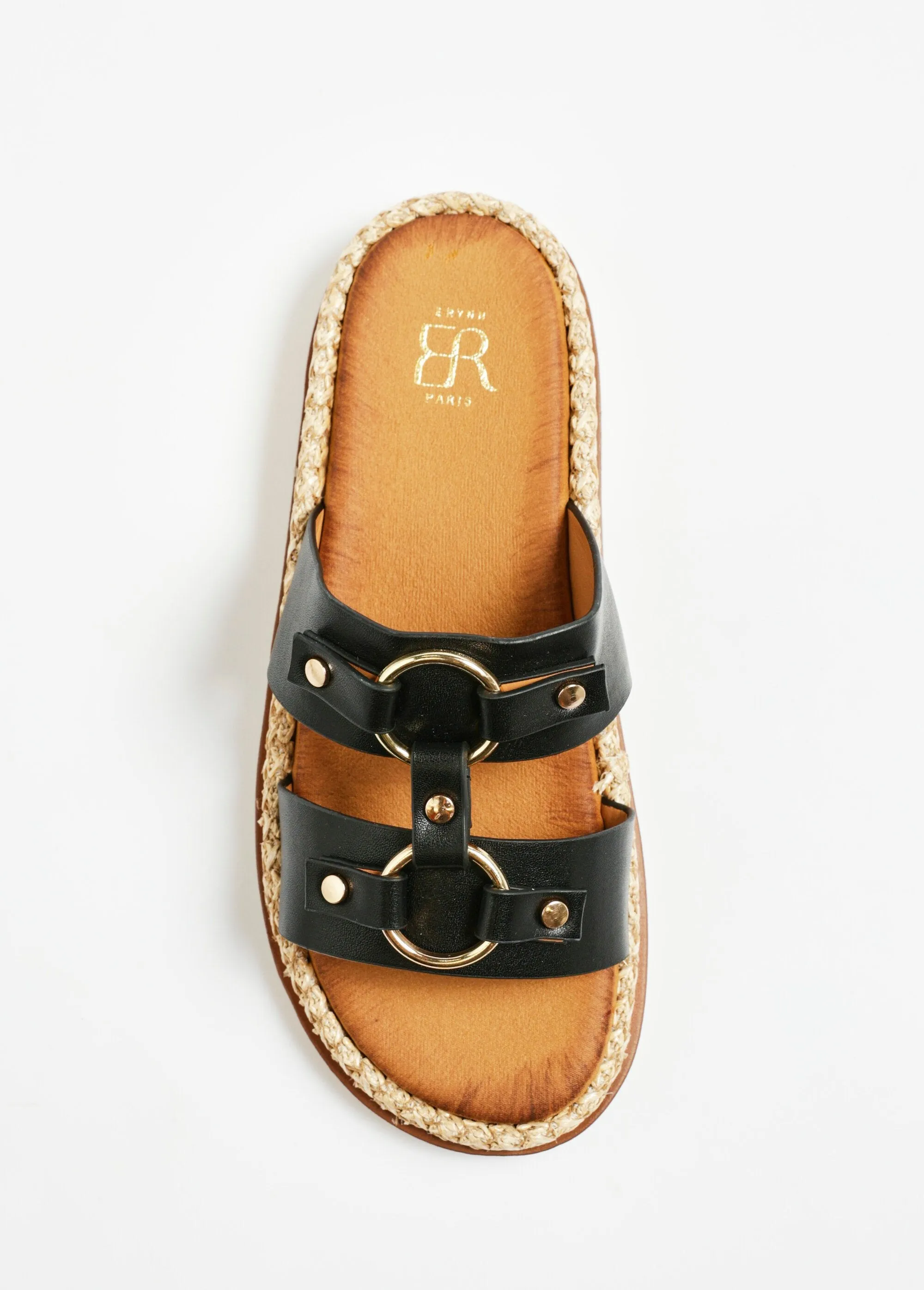 Wedge mules with straps and rings