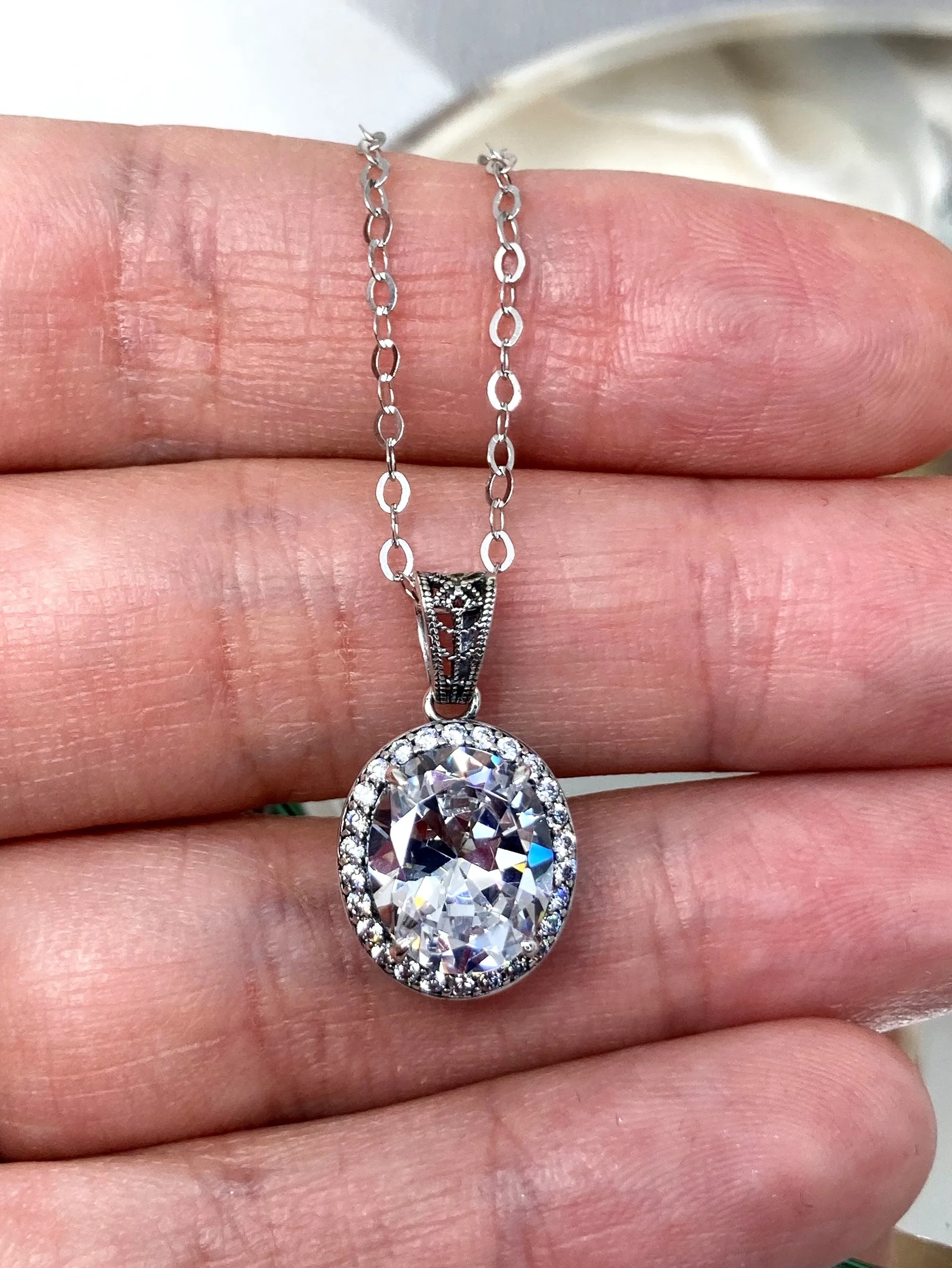 White CZ Halo Pendant, Art Deco Jewelry, P228