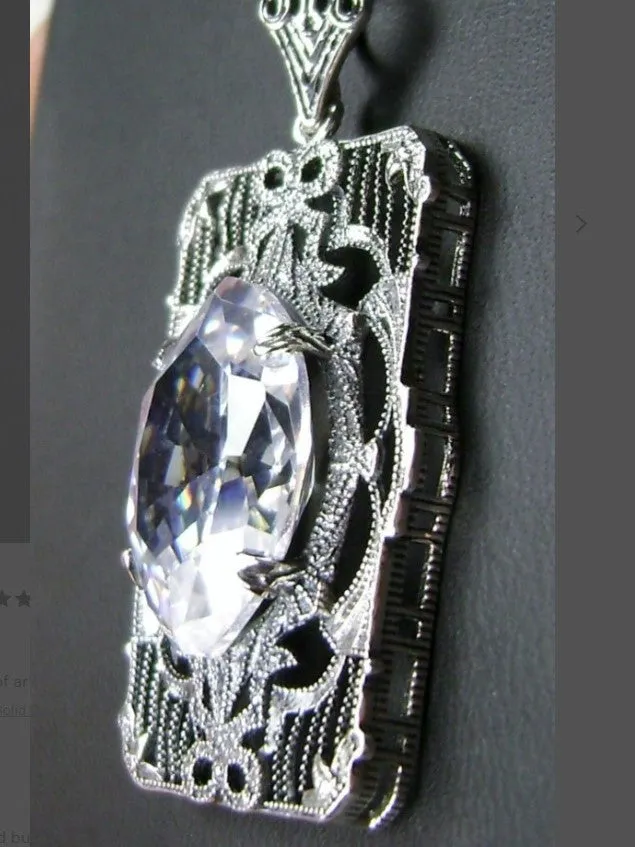 White CZ Pendant, Art Deco Sterling Silver Filigree Jewelry, P24