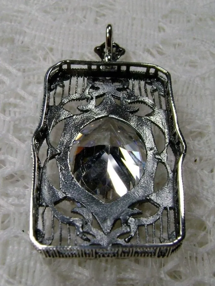 White CZ Pendant, Art Deco Sterling Silver Filigree Jewelry, P24