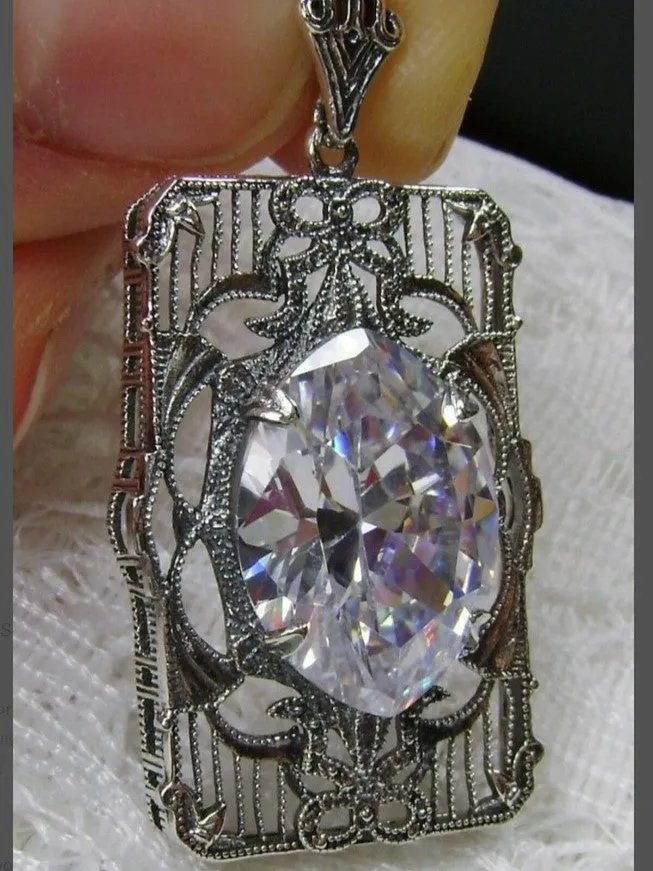 White CZ Pendant, Art Deco Sterling Silver Filigree Jewelry, P24