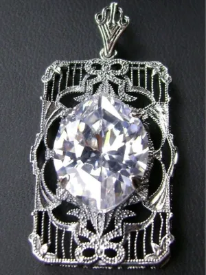 White CZ Pendant, Art Deco Sterling Silver Filigree Jewelry, P24