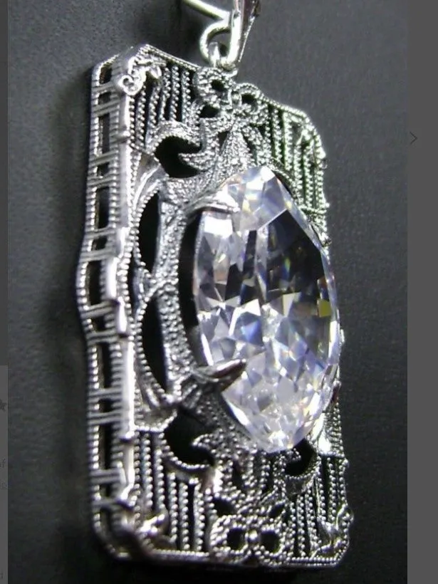 White CZ Pendant, Art Deco Sterling Silver Filigree Jewelry, P24