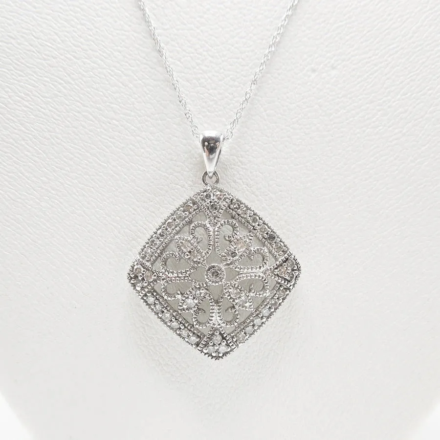 White Gold and Diamond Art Deco Style Filigree Necklace