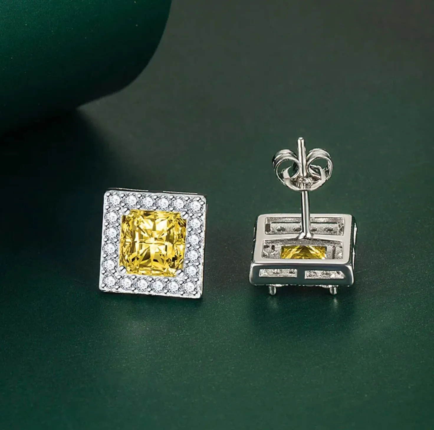 Womens Ear Studs | Square Shape Earrings | Yellow Diamond Ear Studs | Yellow Diamond Earrings | Yellow Earrings | Womens Stud Earring