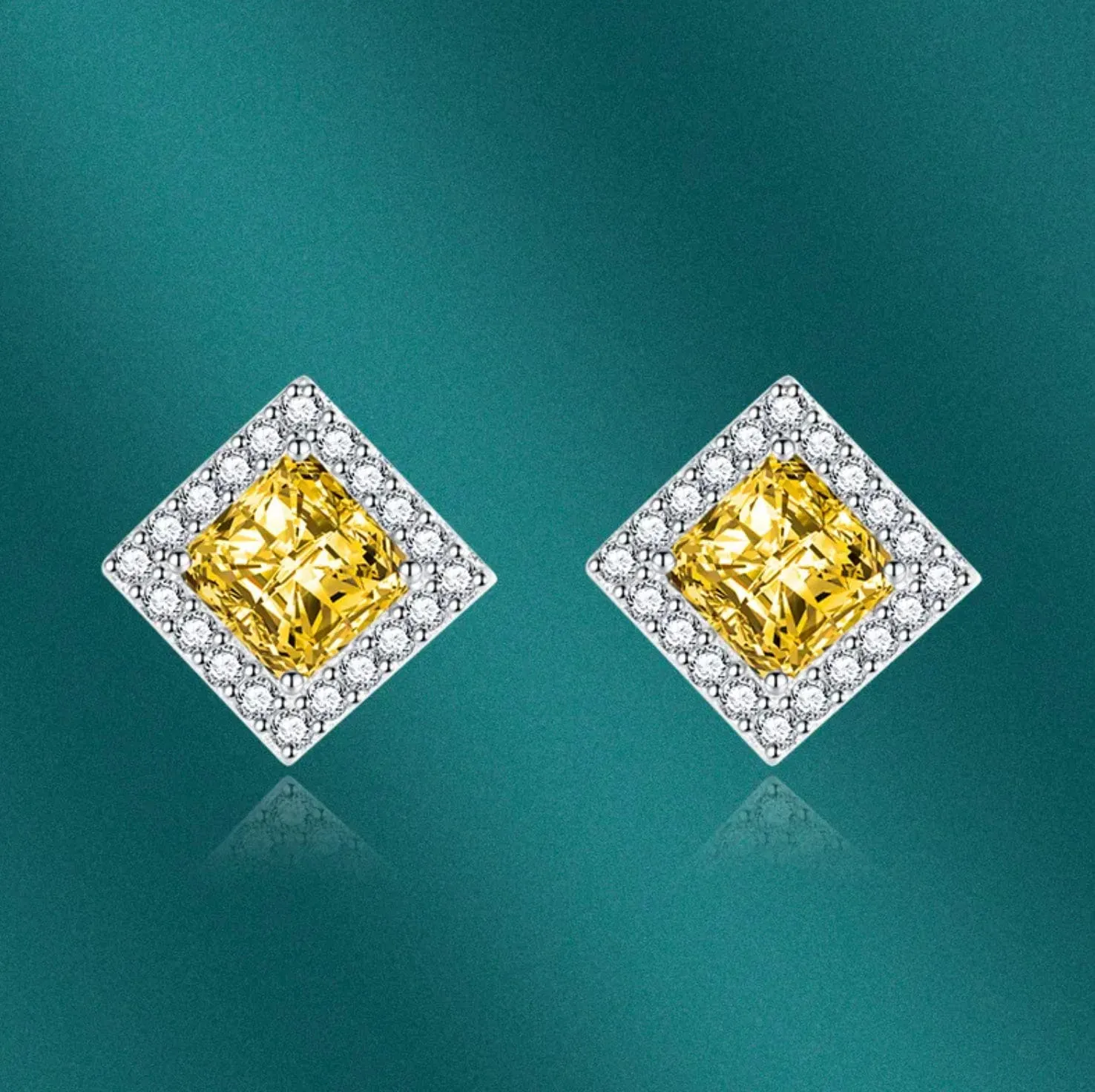 Womens Ear Studs | Square Shape Earrings | Yellow Diamond Ear Studs | Yellow Diamond Earrings | Yellow Earrings | Womens Stud Earring